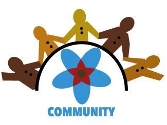 A graphic showing five cut-outs of people holding hands around a blue flower. The word "community" appears under the flower
